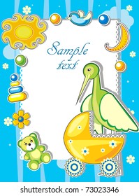 Baby arrival announcement card with stork and toys