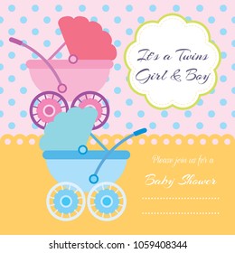 Baby arrival announcement card / Twin baby girl and boy shower card / baby card (stroller design)