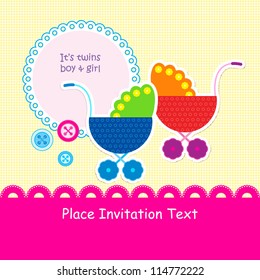 Baby arrival announcement card / Twin baby girl shower card / baby card (stroller design)