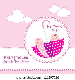 Baby Arrival Announcement Card / Twin Baby Girl Shower Card / Baby Card ( Baby And Umbrella Design )