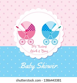 Baby arrival announcement card / Twin baby girl & boy shower card / baby card (stroller design) - Vector