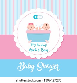 Baby arrival announcement card / Twin baby girl and boy shower card- Vector