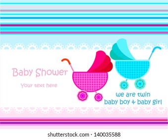 Baby arrival announcement card / Twin baby girl shower card / baby card (stroller design) 