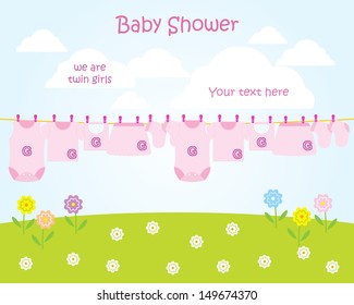 Baby arrival announcement card / Twin baby girl shower card 