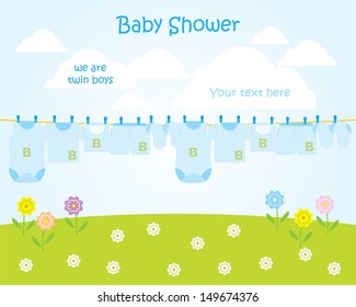 Baby arrival announcement card / Twin baby boy shower card 