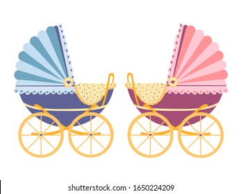 Baby arrival announcement card / Twin baby girl & boy shower card / baby card. Vector pram . Flat illustration. Boy or girl. 