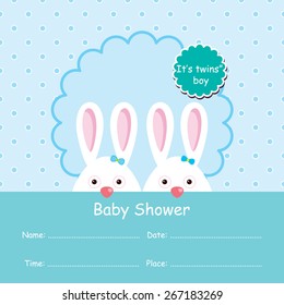 Baby arrival announcement card / Twin baby boy shower card / baby invitation card with cute bunny design 