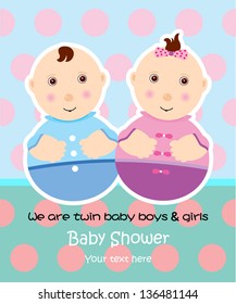 Baby arrival announcement card / Twins baby boy & girl shower card