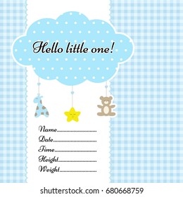 Baby arrival announcement card vector template. With birth metrics text. Nice cloud mobile with toys. Can be used as birth certificate or invitation card or poster. On blue graph ruled background.