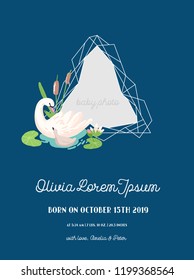 Baby Arrival Announcement with Illustration of Beautiful Swan and Geometry photo frame, Greetings or Invitation Card, Geometric Floral Frame in vector