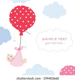 Baby arrival card with balloon and clouds greeting vector