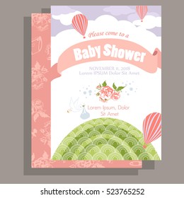 Baby Arrival Card with balloons in clouds 