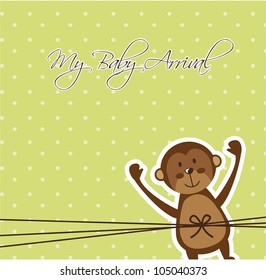 baby arrival card with cute monkey. vector illustration