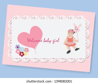 Baby arrival card with little girl holding balloon and welcome baby girl text,paper art style.