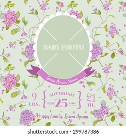 Baby Arrival Card - with Photo Frame and Floral Blossom Design -  in vector