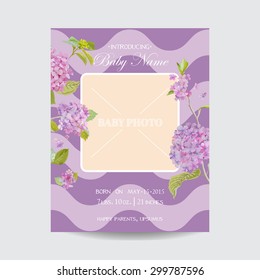 Baby Arrival Card with Photo Frame - Blossom Flowers Theme - in vector
