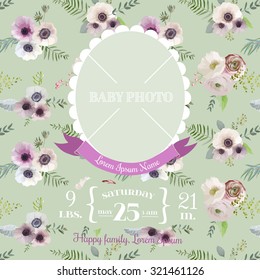 Baby Arrival Card - with Photo Frame and Floral Blossom Design -  in vector