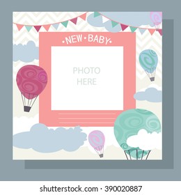 Baby Arrival Card - Photo Frame with balloons in clouds