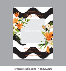 Baby Arrival Card with Photo Frame - Vintage Lily Floral Theme - in Vector