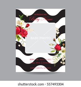 Baby Arrival Card with Photo Frame. Vintage Rose and Lily Floral Theme in Vector
