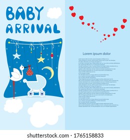 Baby arrival card - Baby shower invitation card with cute stork. Vector illustration