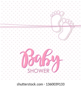 Baby arrival card with small foot print. Design template for greeting card, baby shower invitation, banner. Congratulations to the newborn girl. Vector illustration in flat style.