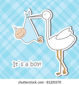 Baby arrival card with stork that brings a cute boy