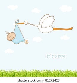 Baby arrival card with stork that brings a cute boy