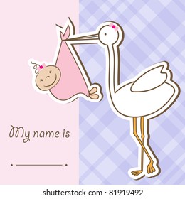 Baby arrival card with stork that brings a cute girl