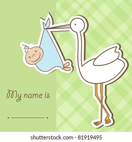 Baby arrival card with stork that brings a cute boy