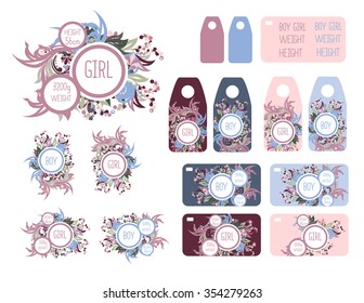 Baby arrival card templates set. Newborn birth card.Announcement for kids birthday.For Girl and for Boy. Ready for print.