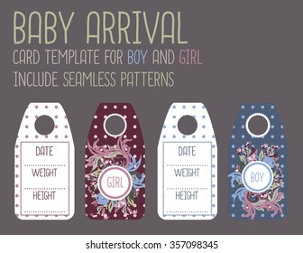 Baby arrival card templates set. Newborn baby birth card. Announcement for kids birthday. For Girl and for Boy. Ready for print.