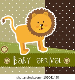 baby arrival with cute lion over scrapbook. vector