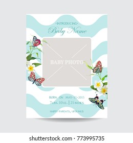 Baby Arrival Floral Card With Butterflies And Flowers. Invitation Template With Baby Photo Frame. Vector Illustration