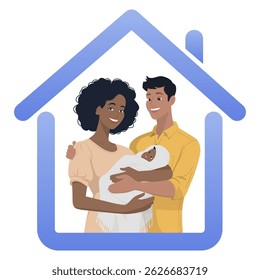 Baby arrival. Friendly dark-skinned family at home. Fatherhood, motherhood. Vector flat illustration.