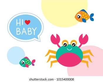 baby arrival greeting card with cute crab and fishes graphic