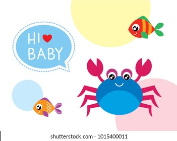 baby arrival greeting card with cute crab and fishes graphic