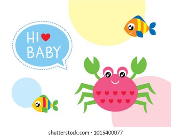 baby arrival greeting card with cute crab and fishes graphic