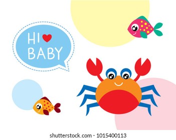 baby arrival greeting card with cute crab and fishes graphic
