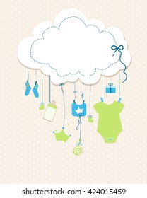 Baby arrival greeting card. Baby shower invitation newborn baby boy illustration