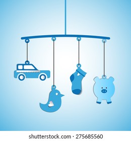 Baby arrival, papercut toys hanging, shower card, born baby