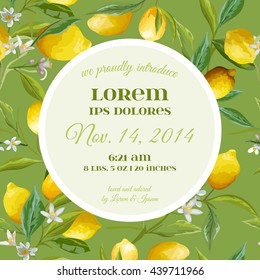 Baby Arrival or Shower Card - with Lemon Floral Design - in vector