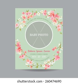 Baby Arrival Or Shower Card - With Photo Frame And Floral Blossom Design - In Vector