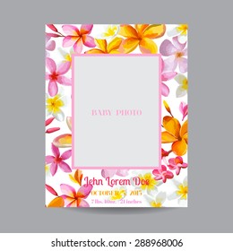 Baby Arrival or Shower Card - with Photo Frame and Floral Blossom Design - in vector