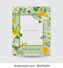 Baby Arrival or Shower Card - with Photo Frame and Floral Blossom Design - in vector