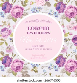 Baby Arrival or Shower Card - with Violet Rose Flower Design - in vector