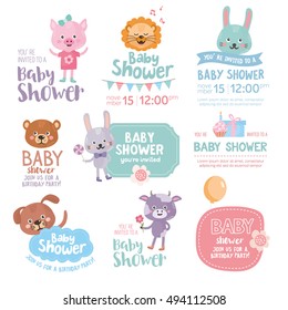 Baby arrival and shower set with cute lion, pig, rabbit, bear, dog and cow. Funny letter with balloon and gift for baby birthday, invitation.