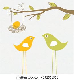 Baby arriving card with birds family and egg in the nest