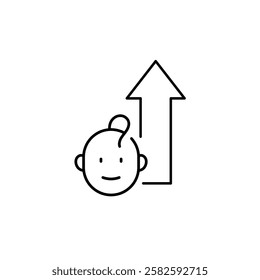 Baby and up arrow linear icon. Thin line customizable illustration. Contour symbol. Vector isolated outline drawing. Editable stroke