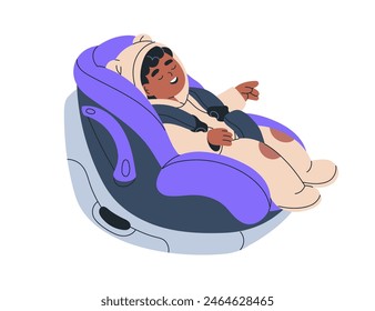 Baby asleep in car seat, safety backseat in auto. African-American toddler secured with belt, sleeping in chair. Black child in transport carrier. Flat vector illustration isolated on white background